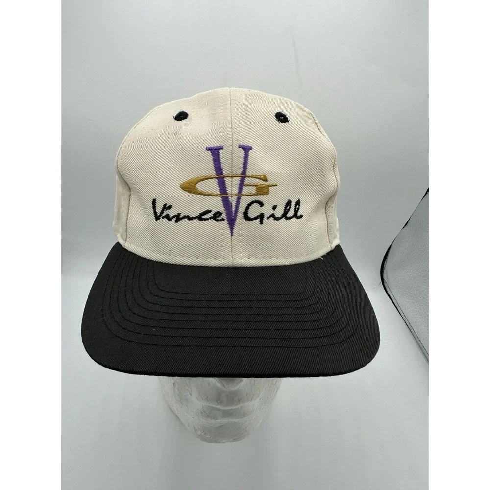 Vintage Vince Gill Hat Snapback Country Music Cream Black V Logo Cap 90s